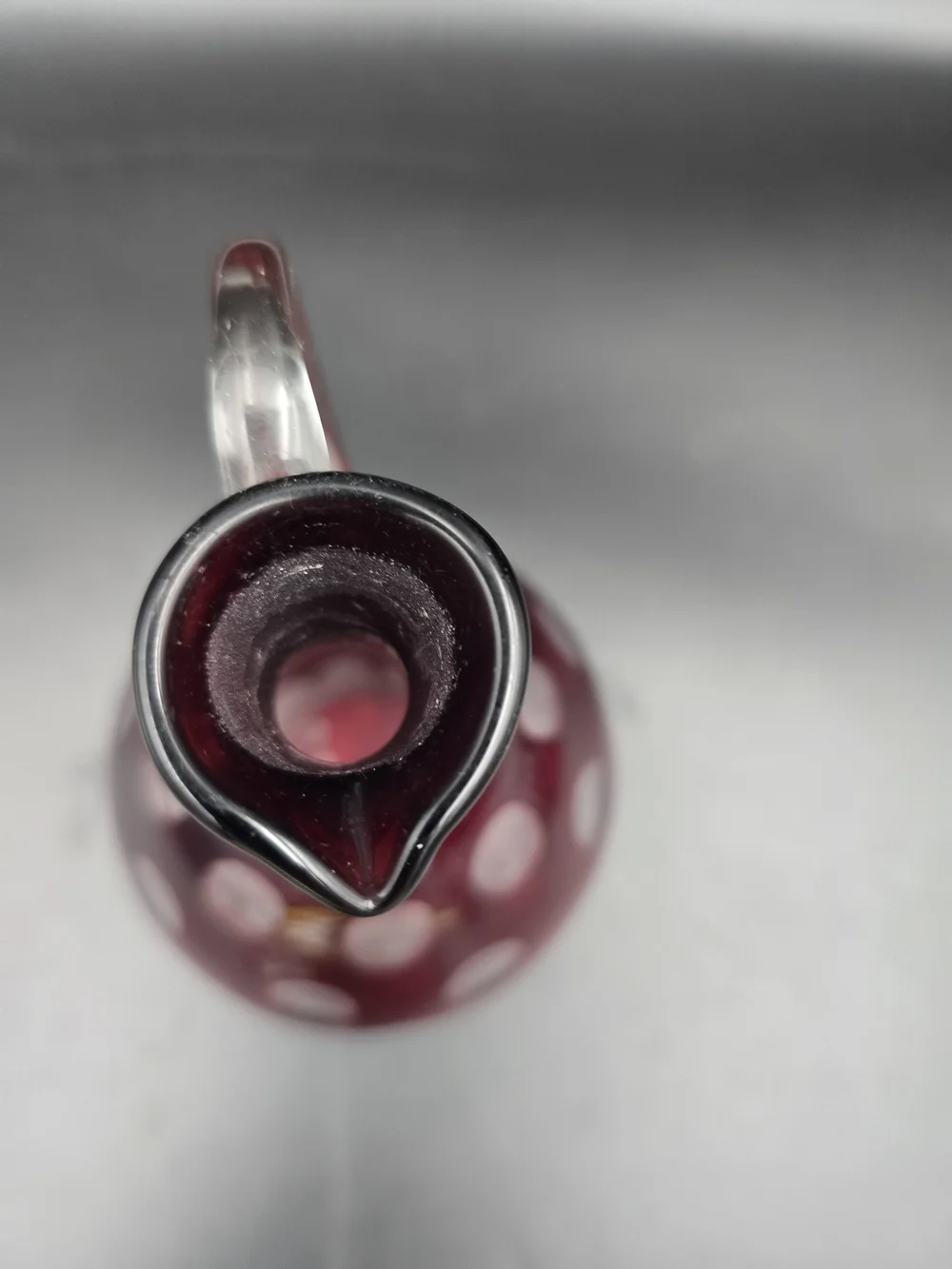 Handcrafted Ruby Red Polka Dot Glass Cruet with Clear Handle and Stopper